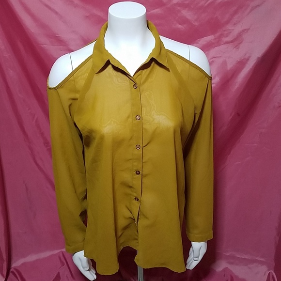 Tops - Mustard cut out shoulders long sleeve Shirt